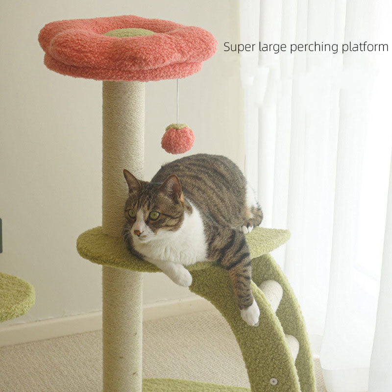 Tolea Orange-Red Blossom Cat Tree - Multi-Level Cat Condo with Plush Flower & Leaf Platforms