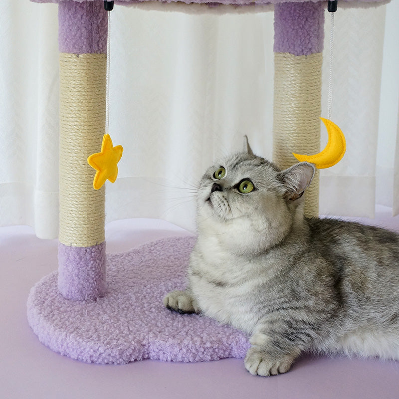 Tolea Cloud Dream Cat Tree | 2-Tier Purple Cat Tower with Star & Moon Toys