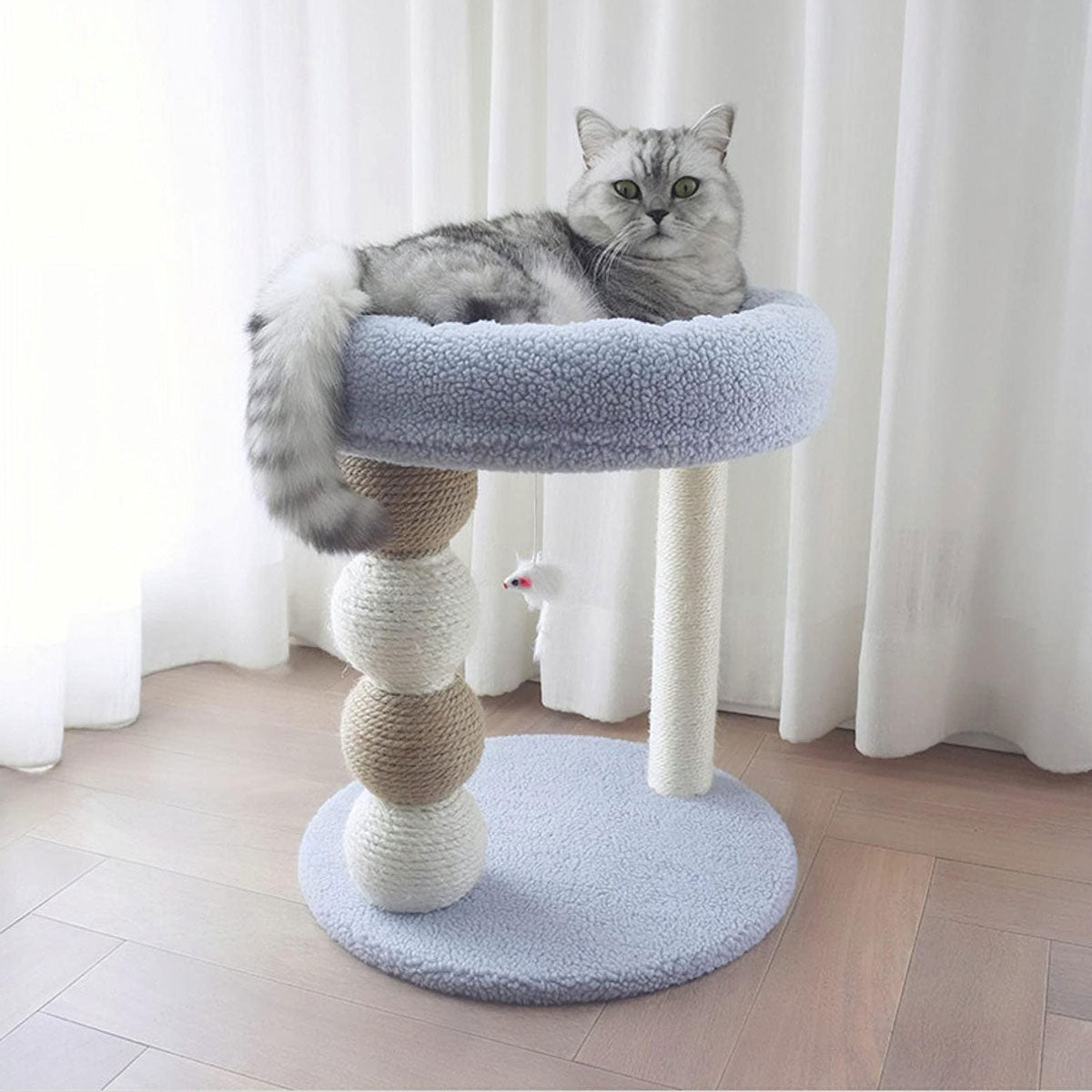 Tolea Cozy Blue Cat Tree | 2-Tier Condo with 40cm Round Bed & Sisal Ball Scratcher