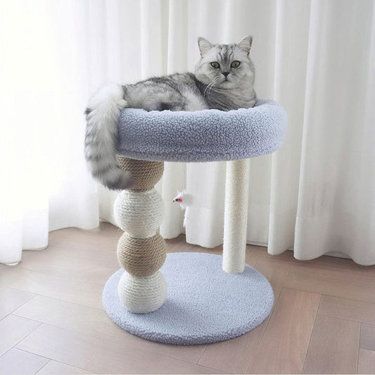 Tolea Cozy Blue Cat Tree | 2-Tier Condo with 40cm Round Bed & Sisal Ball Scratcher