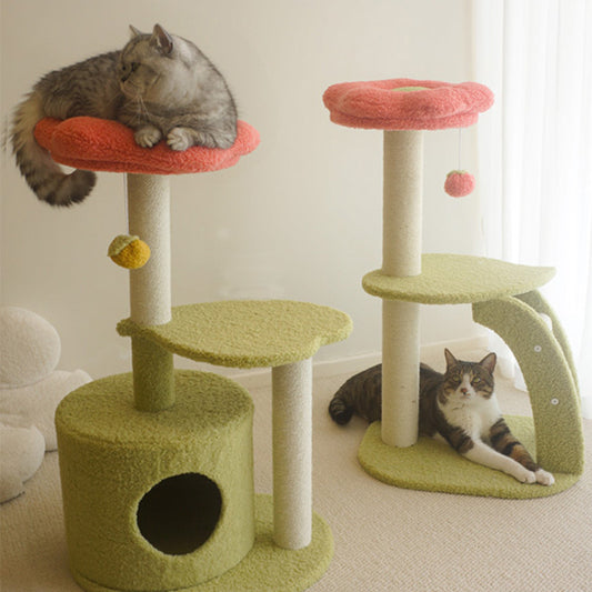 Tolea Orange-Red Blossom Cat Tree - Multi-Level Cat Condo with Plush Flower & Leaf Platforms